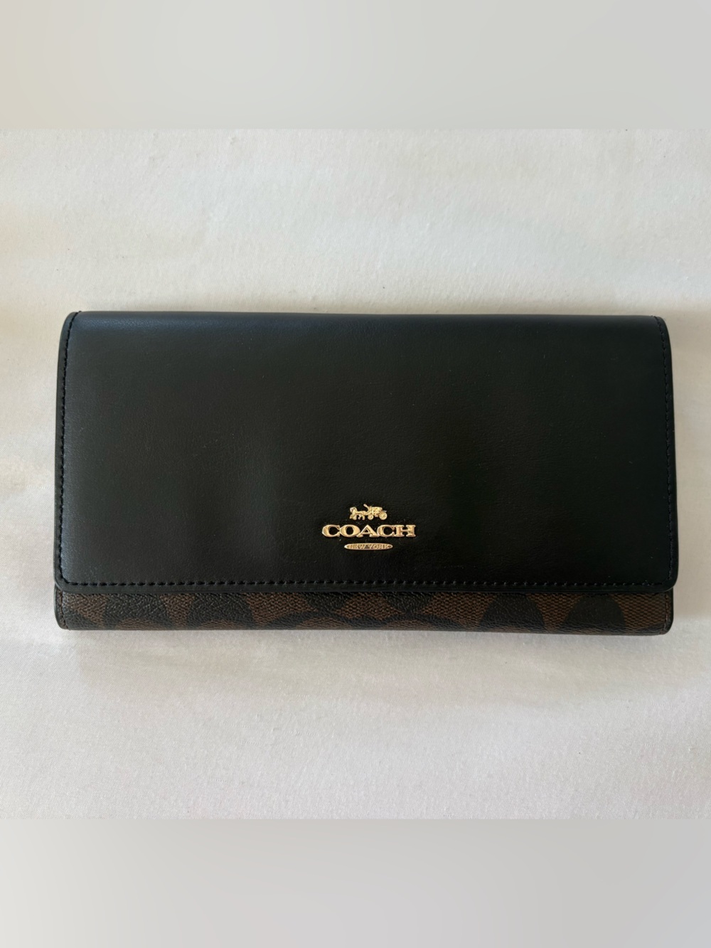 Coach Black Leather Continental Wallet with Brown Signature Trim